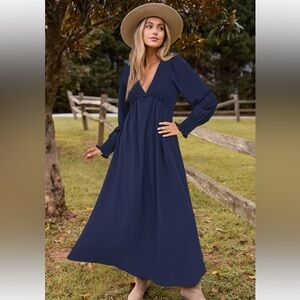 Royal Blue Plunging Blouson Sleeve Maxi Dress